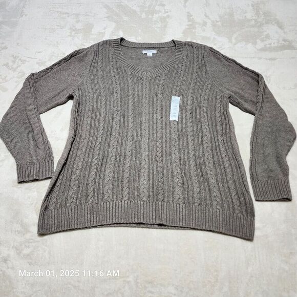 Croft And Barrow Sweater Women's Size XL Brown Cable Knit V Neck Soft Cozycore - Picture 1 of 8
